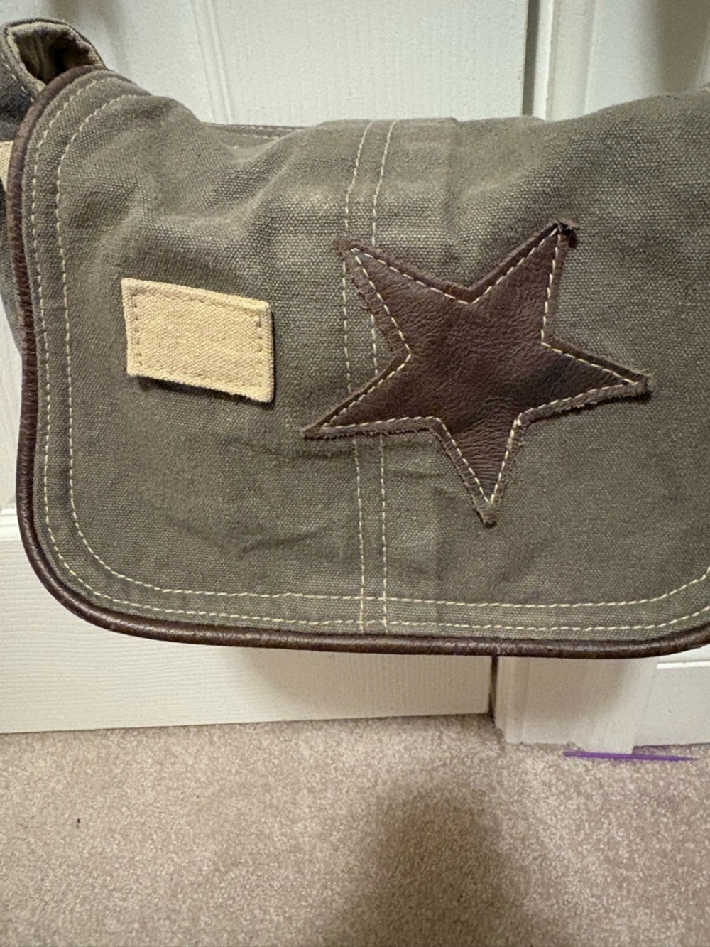 Myra Bag Olive Green Canvas Messenger with Brown Star Patch